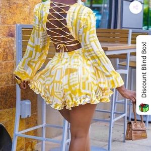 Geometric Print Romantic Back Lace-Up Romper